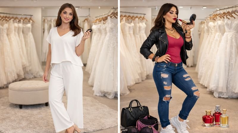 Bride wedding dress shopping preparation showing good vs bad outfit choices in a bridal boutique.