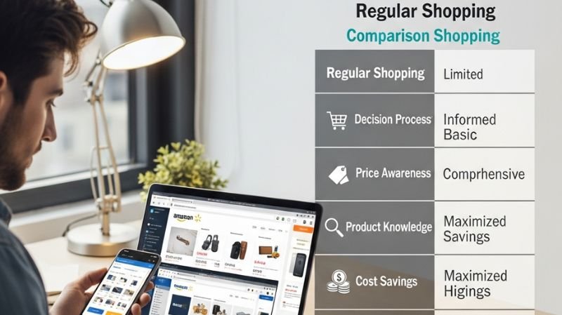 What Is the Purpose of Comparison Shopping? Key Benefits Comparison shopping vs regular shopping table showing price awareness, product research, and cost savings while a shopper compares prices online using laptop and smartphone.