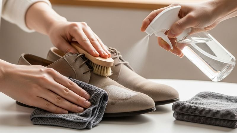 Hands cleaning suede shoes with brush and spray bottle, Remove Water Stains Carefully using cloth