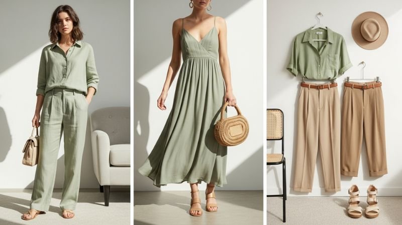 Does Green and Brown Go Together for Outfits? Sage Green and Beige outfit ideas featuring soft, neutral tones with elegant casual and summer-ready fashion styles