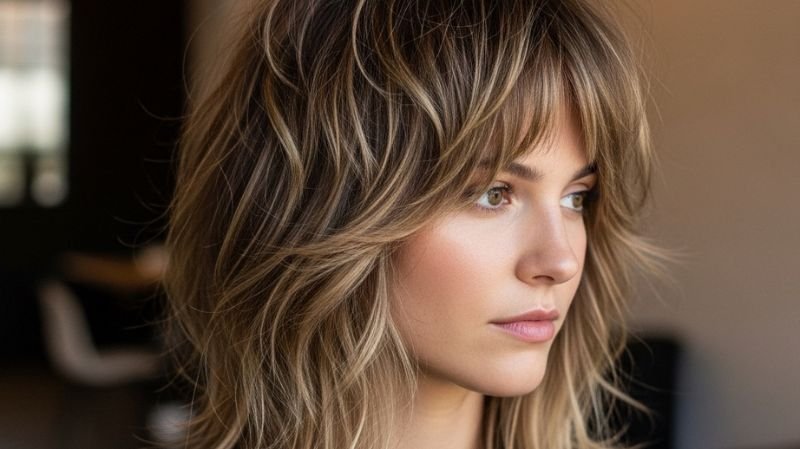 Shag Haircut with Layers on thick wavy hair featuring choppy texture and volume at the crown in a modern salon setting