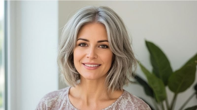 Woman over 60 with fine gray hair styled in a short layered bob with soft volume and side part.