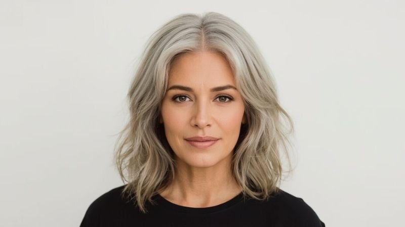 Woman with shoulder-length layered haircut and soft silver-gray hair, elegant low-maintenance hairstyle.