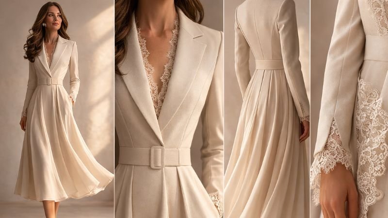 Kate Middleton Self-Portrait Dress: Style & Designer Details Hyper-realistic fashion illustration of a cream blazer-inspired midi dress with lace trim, belted waist, and flowing skirt, shown from multiple angles.