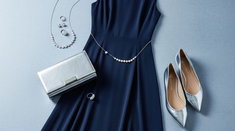 What Color Shoes to Wear With a Navy Dress? Navy blue dress styled with metallic Silver Shoes (Chic & Modern), silver clutch, and elegant jewelry for a wedding outfit