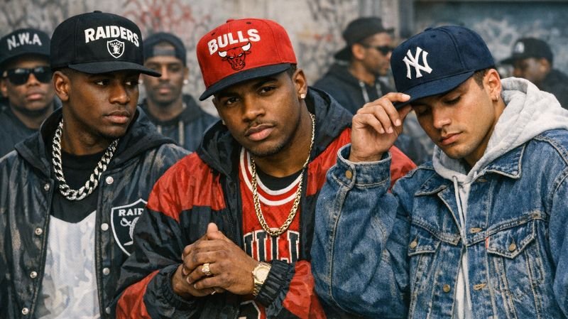 Snapback Hats in 90s hip hop streetwear with Raiders, Bulls, and Yankees caps in an urban setting