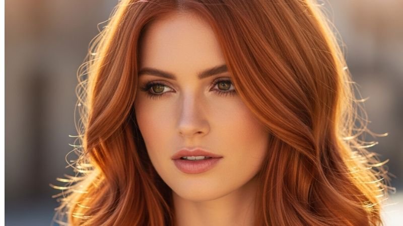 Soft Copper Glow hair color with warm auburn tones and soft waves, creating a radiant, natural-looking finish