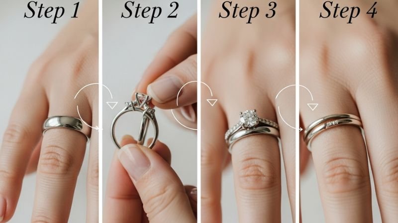 How do you Wear an Engagement Ring and Wedding Band? Step-by-step guide showing how to wear wedding band and engagement ring in correct order on finger