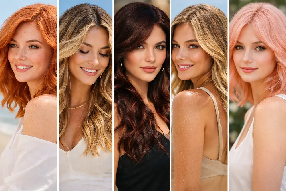 Five women showcasing trending summer hair color ideas 2026 including soft copper, honey blonde balayage, chocolate cherry brunette, sun-kissed bronde, and pastel peach