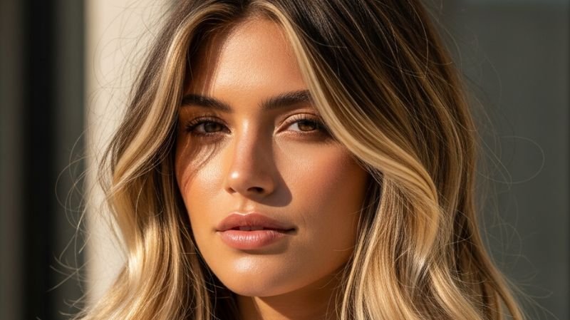 Sun-Kissed Bronde hair with soft blonde highlights blended into warm brunette tones, natural and radiant finish