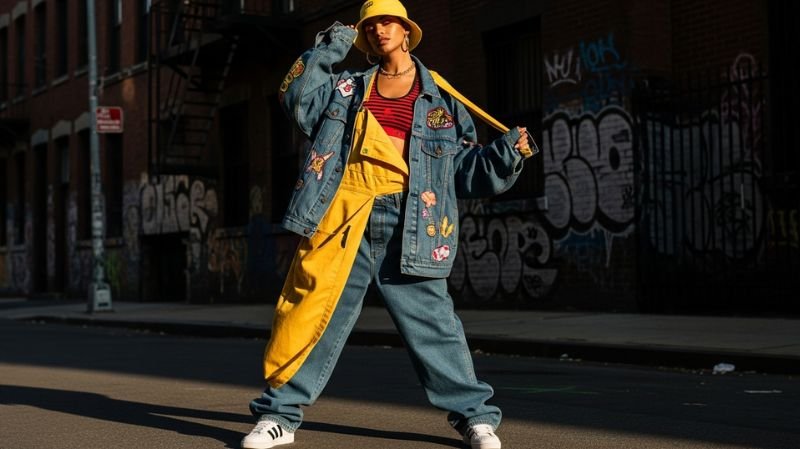 Woman in TLC-Inspired Outfit wearing oversized denim, yellow bucket hat, posing in a graffiti-covered urban street