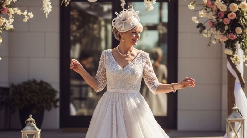 Bride wearing elegant tea-length wedding dress with hat at outdoor wedding venue