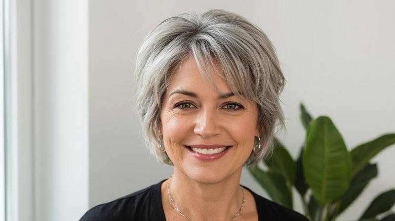 Woman over 60 with fine silver hair wearing a textured pixie cut with soft layers and natural volume.