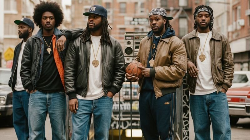 The Cultural Roots of 90s Hip Hop Fashion with bomber jackets, tracksuits, Afros and gold medallions