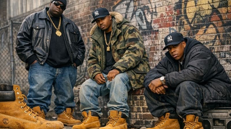 90s hip hop streetwear with Timberland Boots, baggy jeans, oversized coats, graffiti backdrop, and urban vibe.