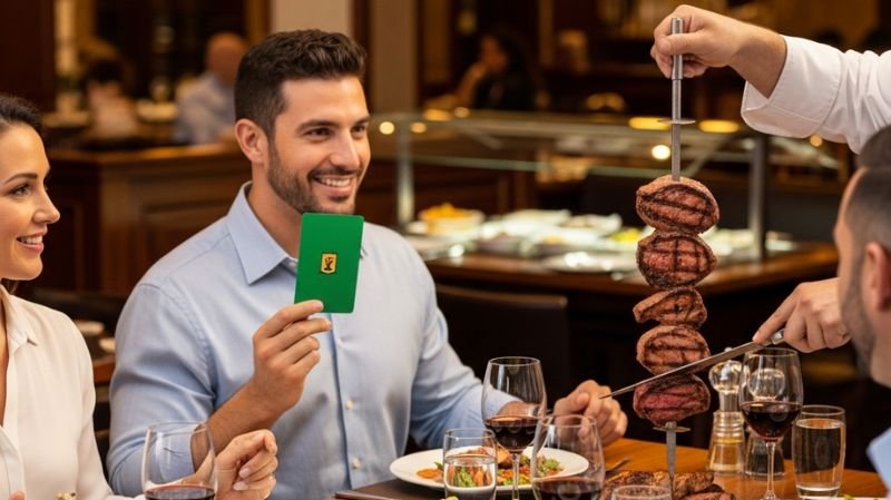 Guest holding green card while server slices grilled meat at Fogo de Chão Brazilian steakhouse churrasco dining experience