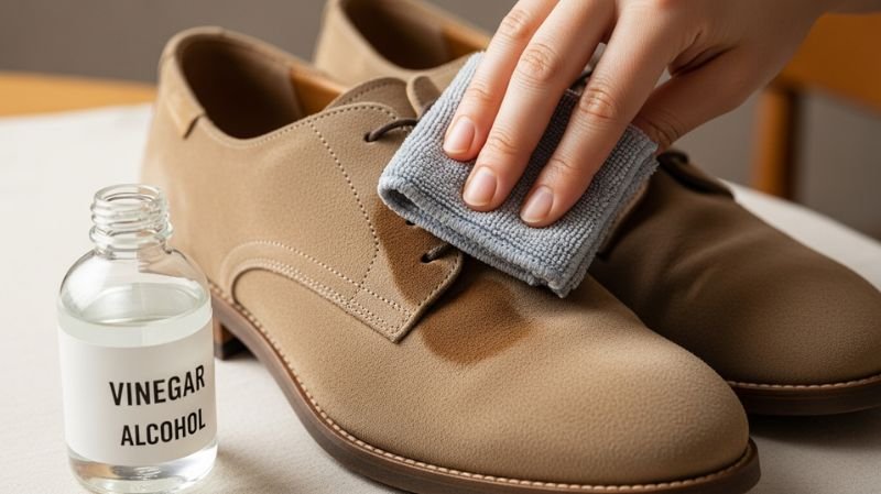 Treat Stains with White Vinegar or Rubbing Alcohol on suede shoes using a cloth to gently remove marks and restore look