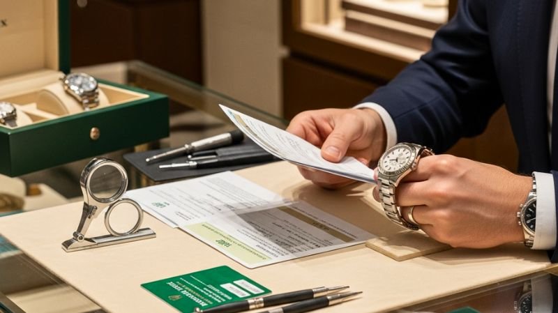 Authorized dealer verifying a Rolex watch with authentication documents and warranty card in a luxury watch store.