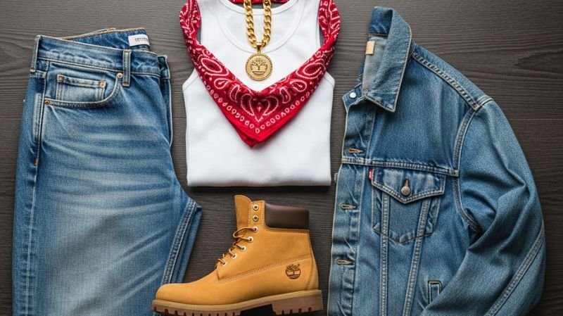 Tupac-Inspired Outfit flat lay with denim jeans, jacket, white tee, red bandana, gold chain, and boots streetwear