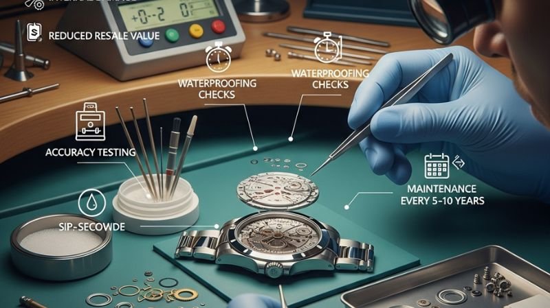 Evaluating Alexander’s Jewelers Rolex Servicing: Expert Review Understanding Rolex Servicing (Why It Matters) – watchmaker performing precision maintenance on a luxury mechanical watch with tools and accuracy testing equipment