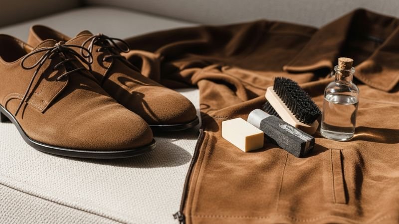 Understanding suede why it needs special care with shoes, brush, eraser and cleaner showing delicate texture maintenance