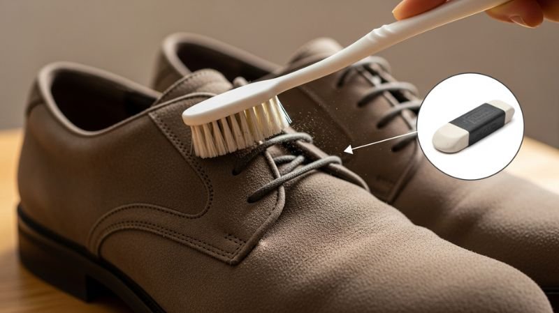 Use a Suede Eraser for Tough Stains on brown suede shoes while brushing gently to remove dirt and restore texture