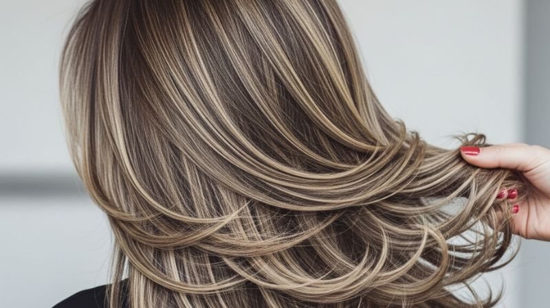 V-Cut layers for long hair with flowing feathered ends and dimensional blonde highlights