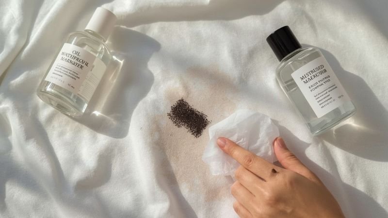 How to Get Foundation Makeup Out of Clothes? Cleaning waterproof mascara stain from white fabric using makeup remover and tissue.