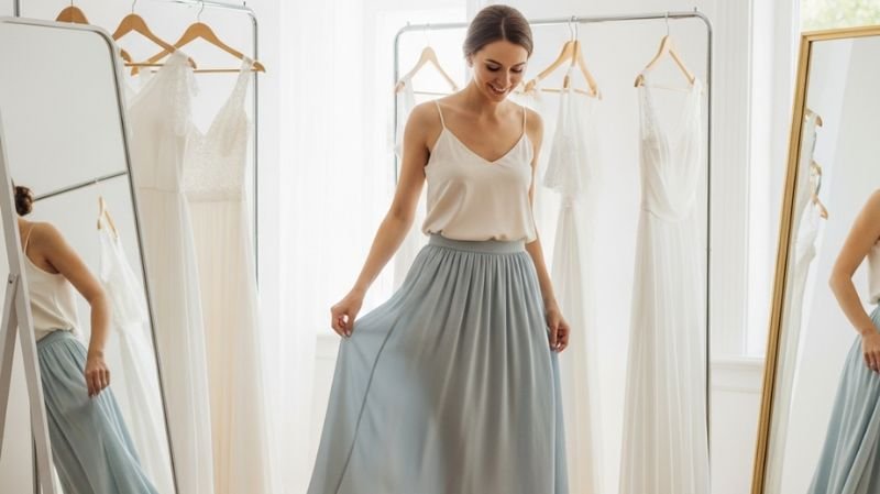Bride wearing comfortable outfit while trying on wedding dresses in a bridal boutique.