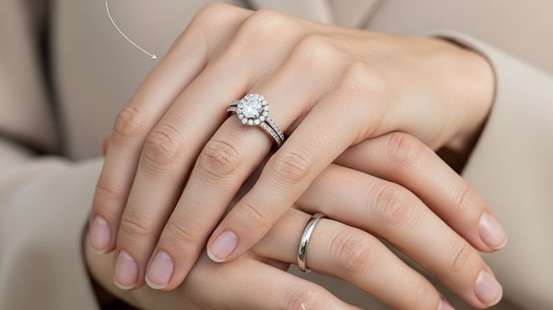 How do you Wear an Engagement Ring and Wedding Band? Engagement ring and wedding band worn on separate hands with diamond ring close-up