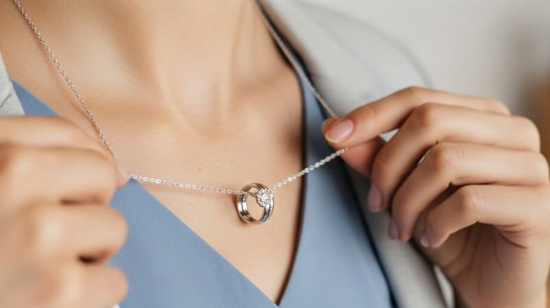 How do you Wear an Engagement Ring and Wedding Band? Wedding and engagement rings worn on necklace chain close-up