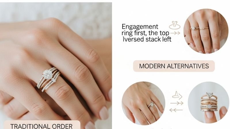 How do you Wear an Engagement Ring and Wedding Band? Engagement ring and wedding band stacking order on finger, showing traditional and modern ring placement styles