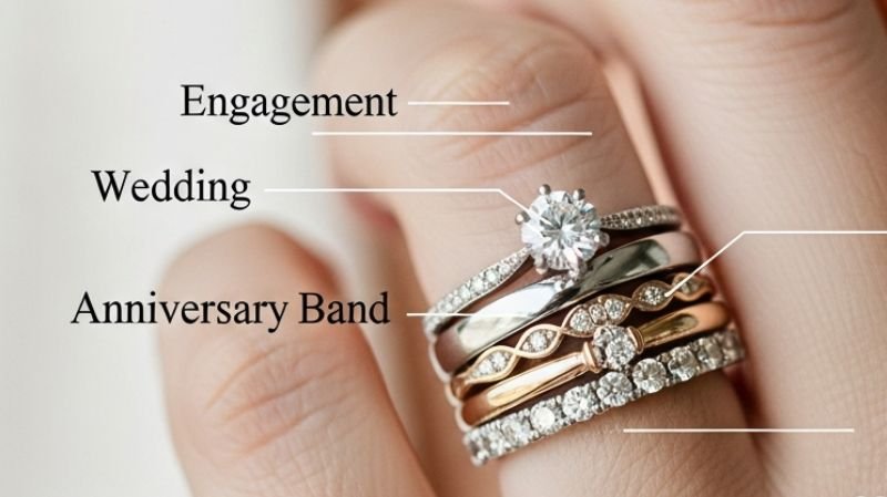 How do you Wear an Engagement Ring and Wedding Band? Engagement, wedding, and anniversary rings stacked on finger with labeled bands