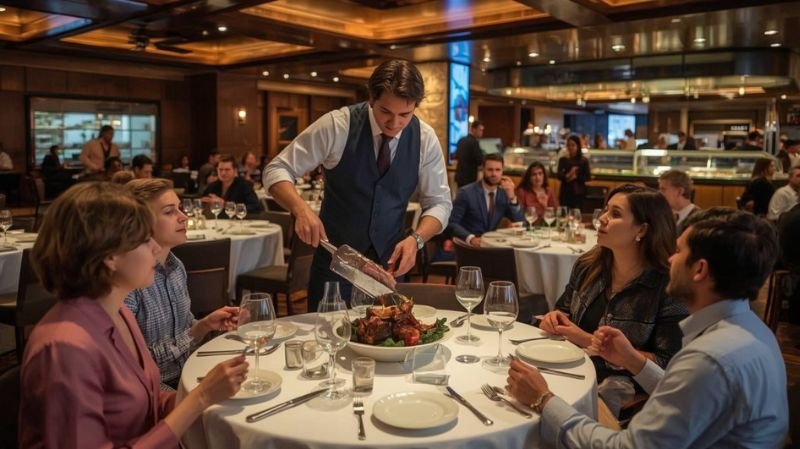 Gaucho server carving grilled meat for guests at a Brazilian churrascaria steakhouse dining experience similar to Fogo de Chão.