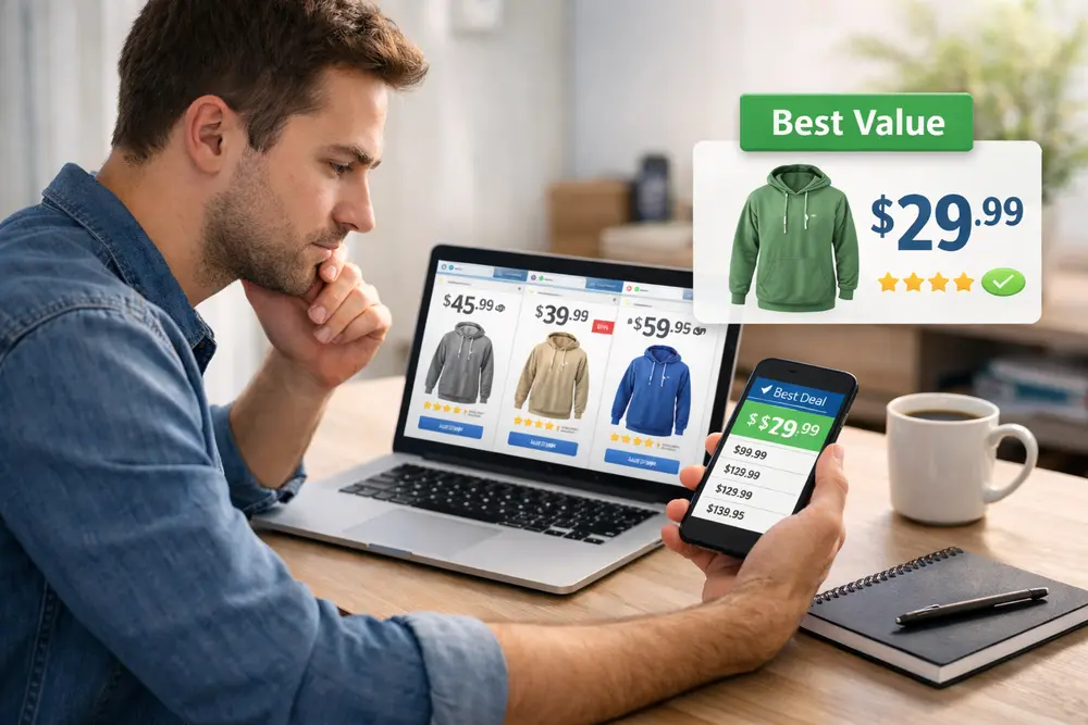 What Is the Purpose of Comparison Shopping? Key Benefits Man comparing clothing prices online on laptop and smartphone to find the best hoodie deal.