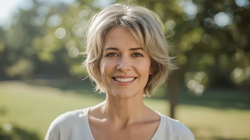 Woman over 60 with fine hair wearing a soft layered low-maintenance hairstyle with natural volume.