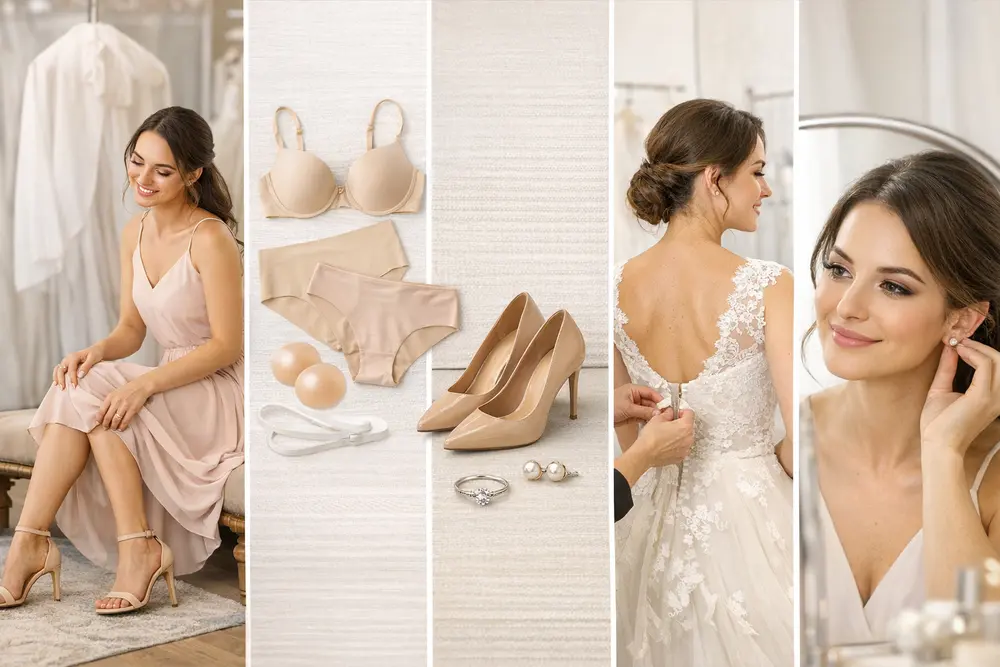 What to Wear When Wedding Dress Shopping: 5 Outfit Tips for Brides Bride preparing for wedding dress shopping wearing a nude dress with bridal lingerie, heels, and accessories while trying on a wedding gown.