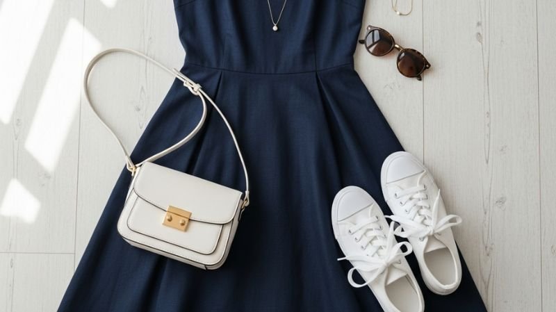 What Color Shoes to Wear With a Navy Dress? Navy blue dress styled with White Shoes (Fresh & Trendy), white handbag, and minimal accessories for a chic casual outfit