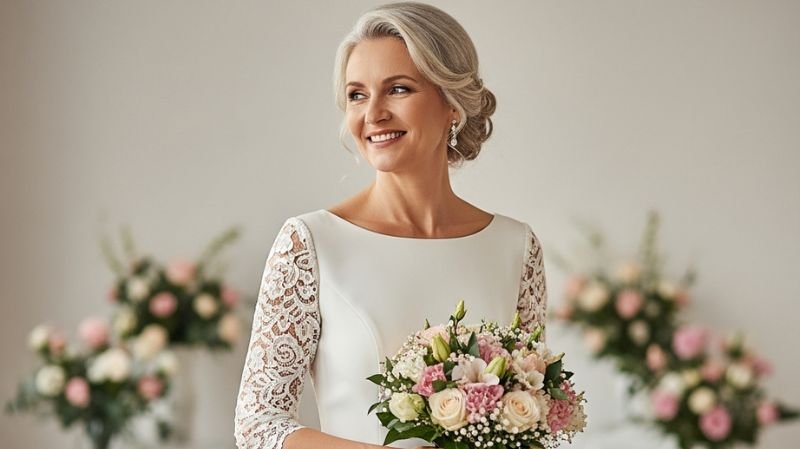 Mature bride in elegant white lace wedding dress holding pink rose bridal bouquet during wedding ceremony