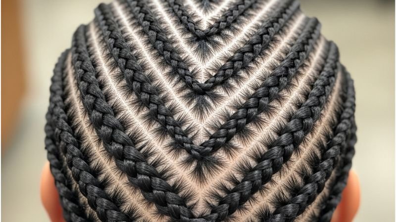Zigzag cornrows braided pattern close-up