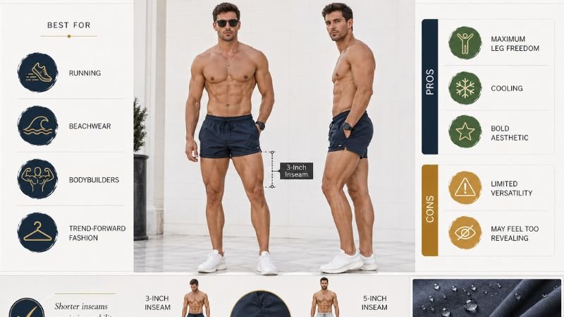 3-Inch Inseam Shorts guide showing ultra short fit, leg exposure, pros and cons, ideal for running, beachwear, and style