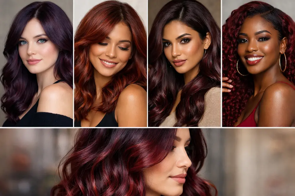 Women with burgundy with red hair shades for fair, medium, olive, and dark skin tones in a collage