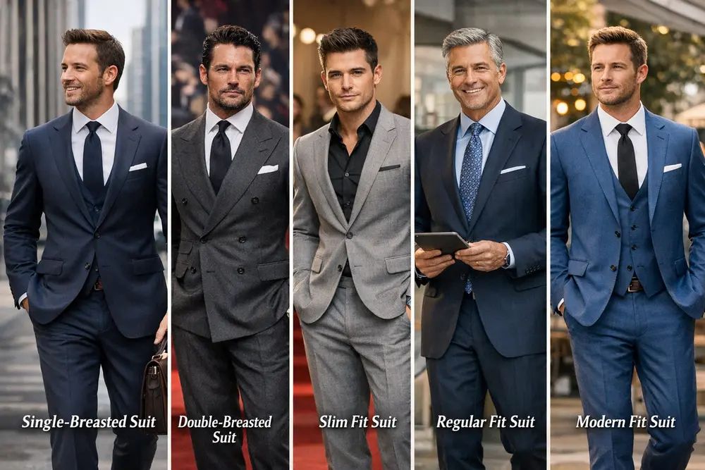 Different types of suits for men including single-breasted, double-breasted, slim fit, regular fit, and modern fit