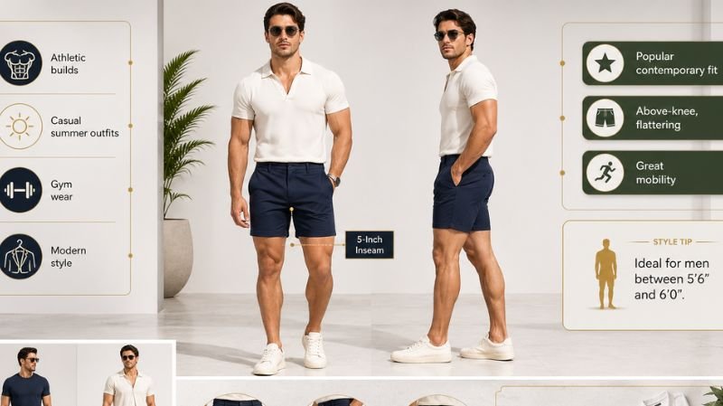 Men wearing 5-Inch Inseam Shorts with polo shirt, showcasing athletic fit, modern summer style and above-knee flattering look