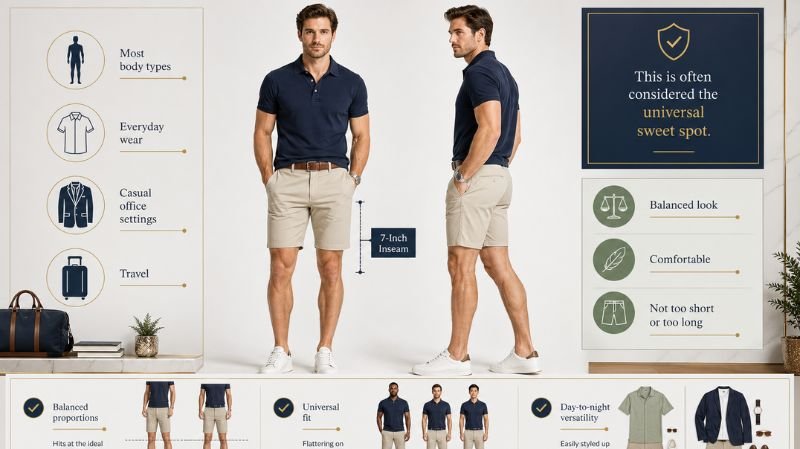 Men wearing 7-Inch Inseam Shorts with polo shirt, showing balanced fit, comfortable style and versatile everyday summer look