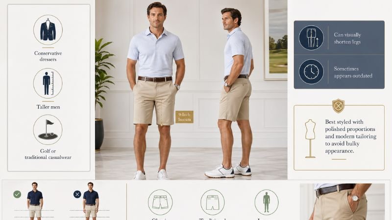 Men wearing 9-Inch Inseam Shorts with polo shirt, showcasing longer length, classic fit and conservative summer style