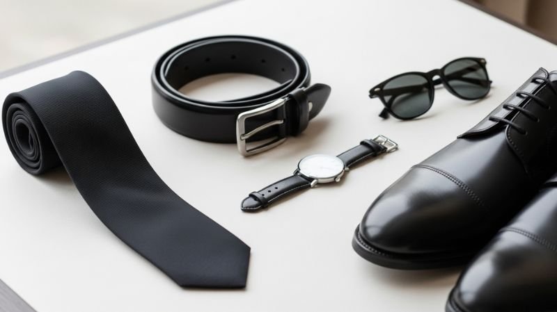 Minimal men’s accessories set showing why accessories simple not stylish works best with tie, belt, watch, sunglasses