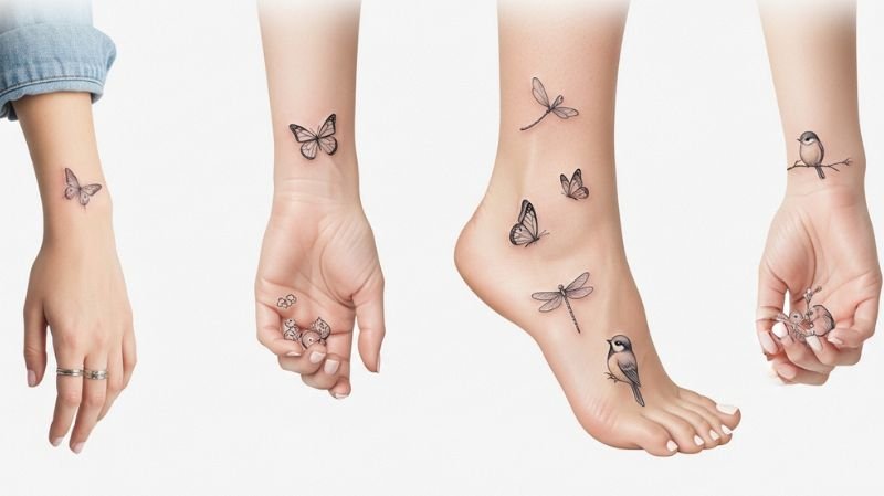 Small Ladies Tattoos Designs: Minimal & Trendy Ideas for Women Animals & Miniature Creatures tattoos with butterfly, dragonfly, and bird small designs on wrist, hand, and ankle