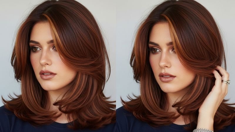 Auburn burgundy hair for medium skin tones with layered waves, warm highlights, and soft glam makeup look