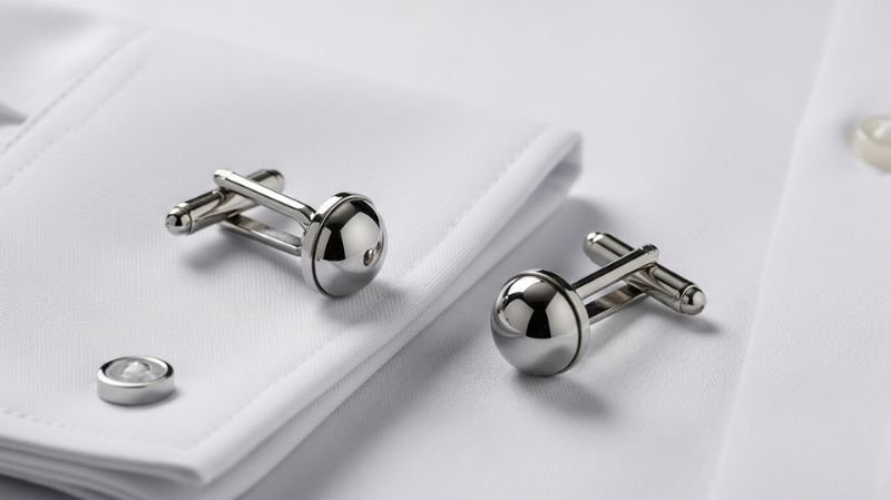 Ball Back Cufflinks in polished silver on white dress shirt cuff, sleek minimalist men’s formal accessory close-up
